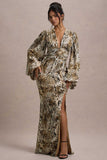 Casarile Snake Print V Neck Balloon Sleeve Maxi Dress