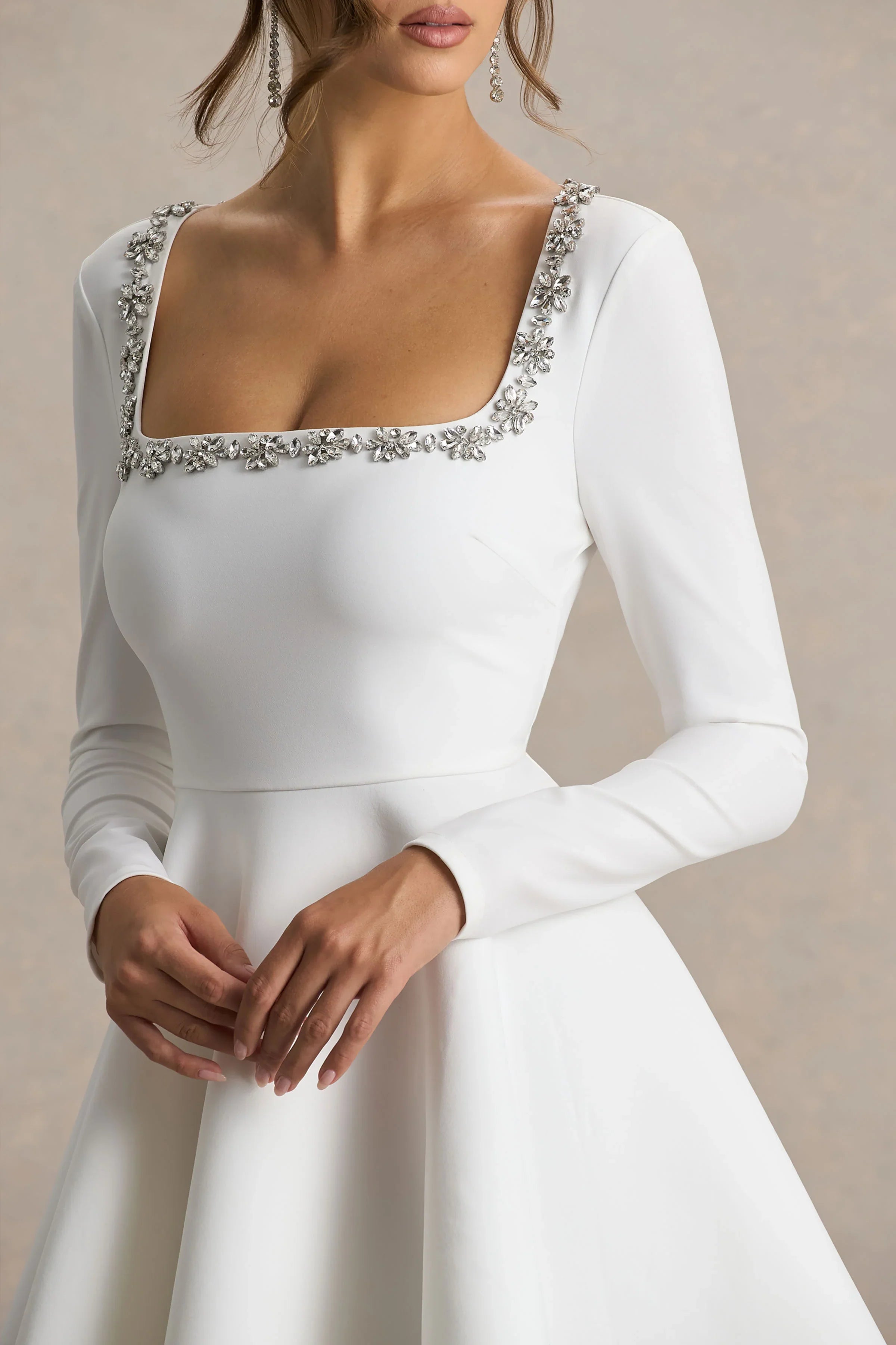 Astonish White Long Sleeve Embellished Square Neck Mini Dress With Volume Skirt
