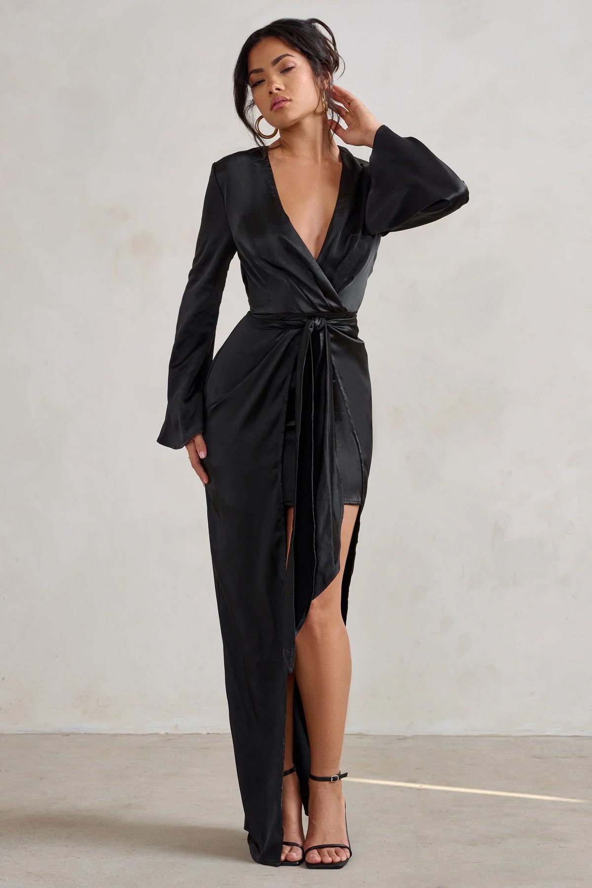 Patricia Black Extreme Plunge Long Sleeve Maxi Dress With Tie Detail