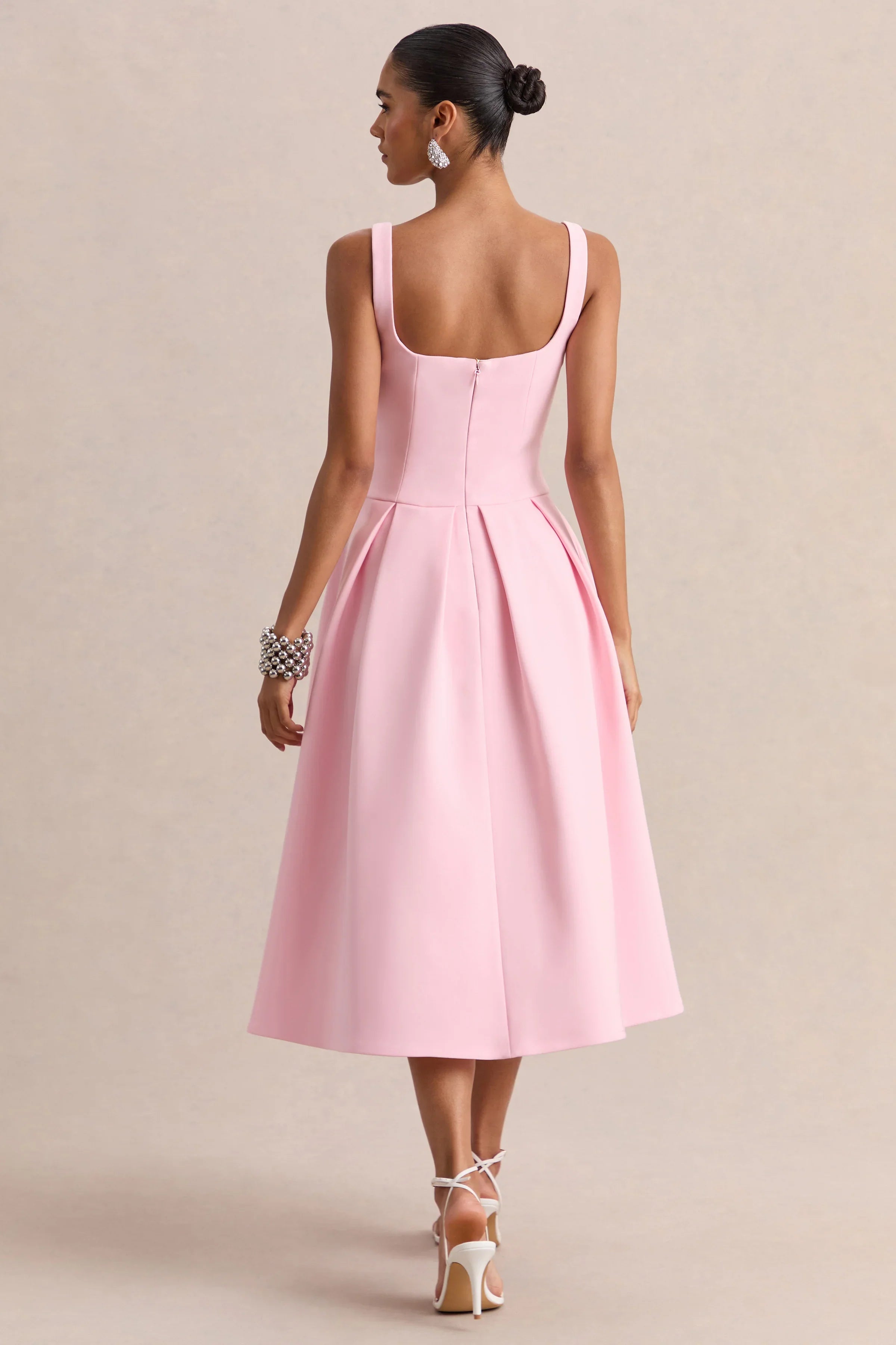Greta Light Pink Sweetheart Neck Midi Dress