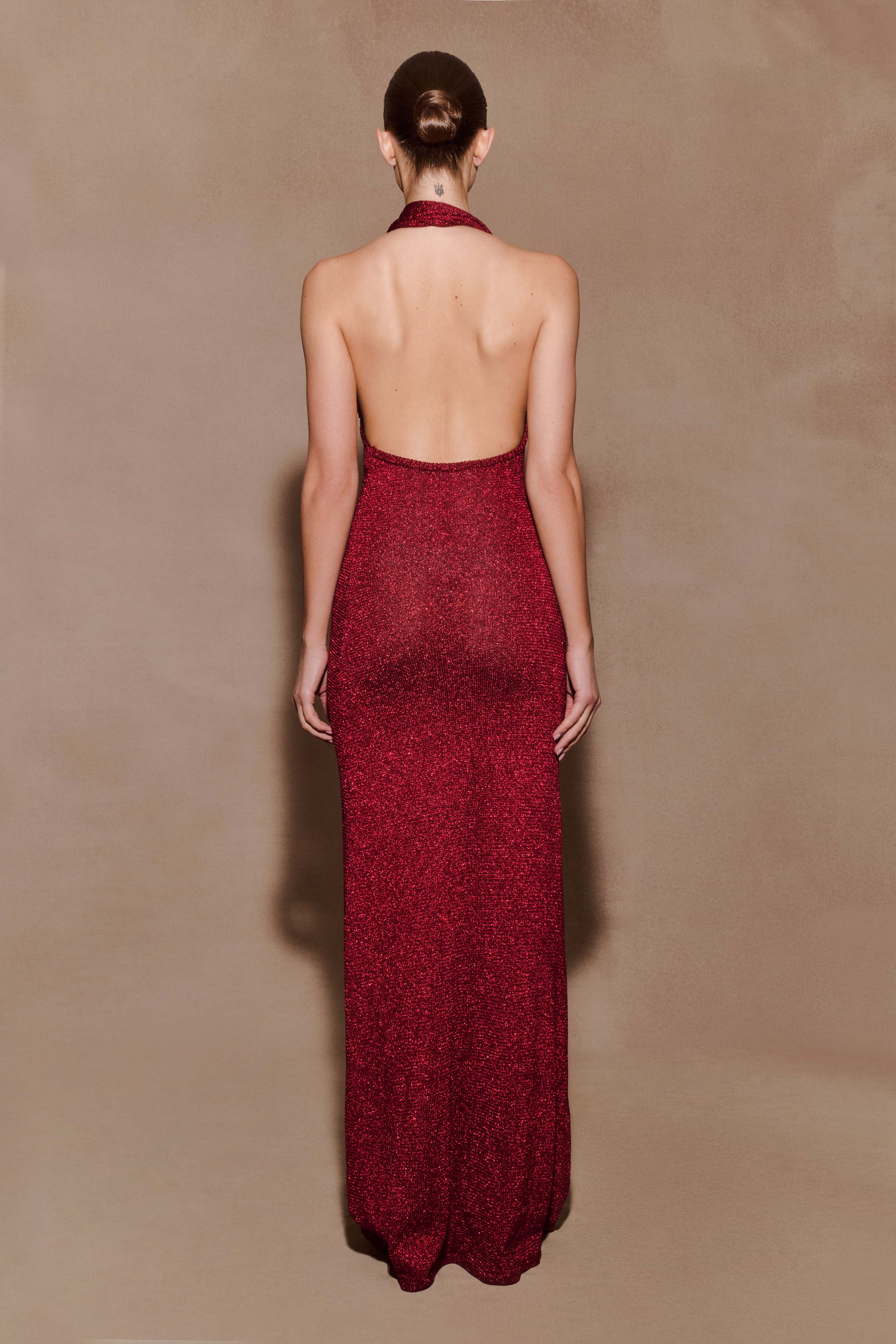 Elma Lurex Knit Halter Maxi Dress Deep Red