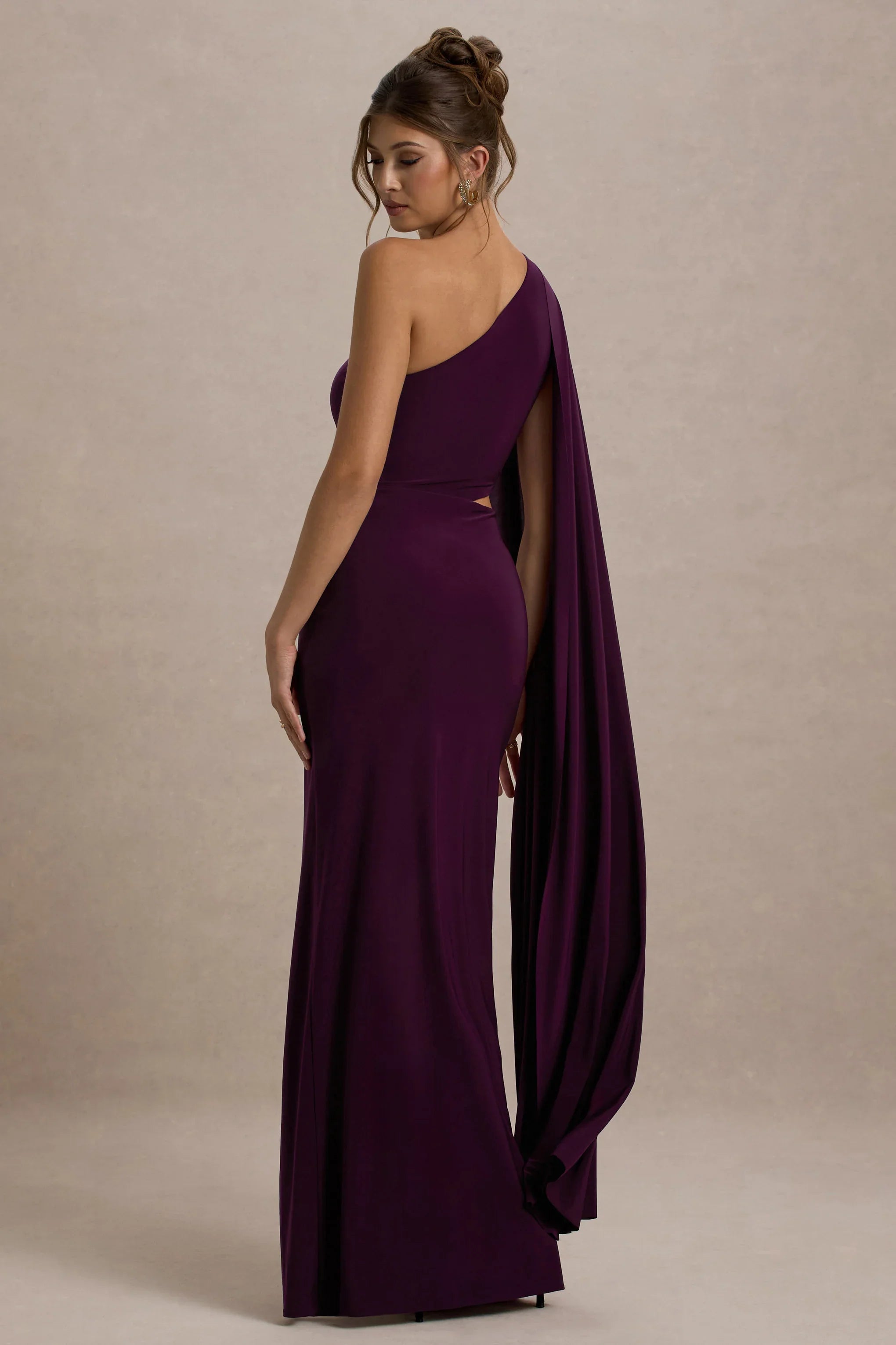 Brona Plum One Shoulder Cape Sleeve Split Maxi Dress