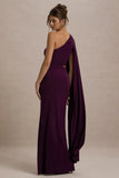 Brona Plum One Shoulder Cape Sleeve Split Maxi Dress