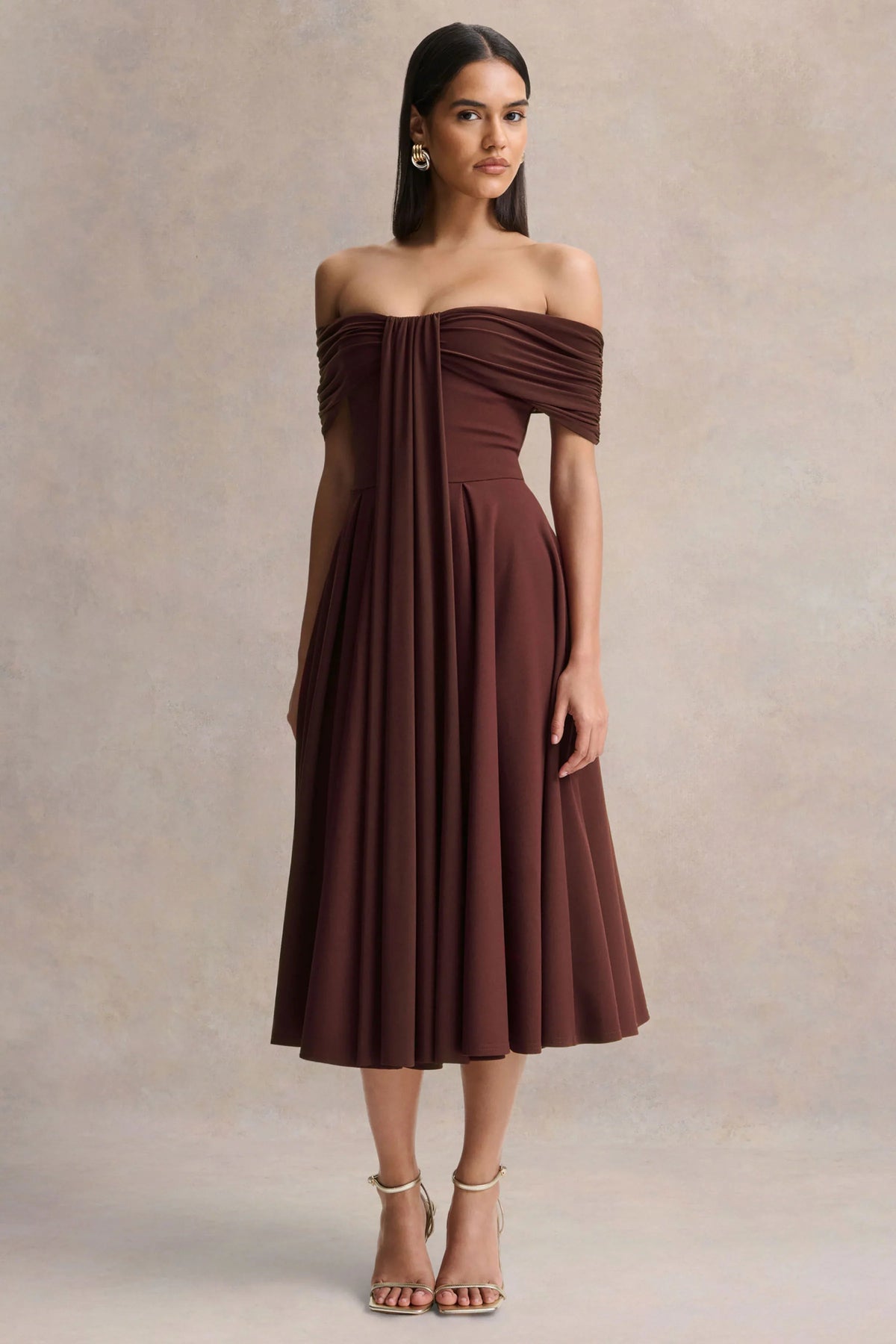 Dearest Brown Bardot Neck Midi Dress