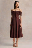 Dearest Brown Bardot Neck Midi Dress