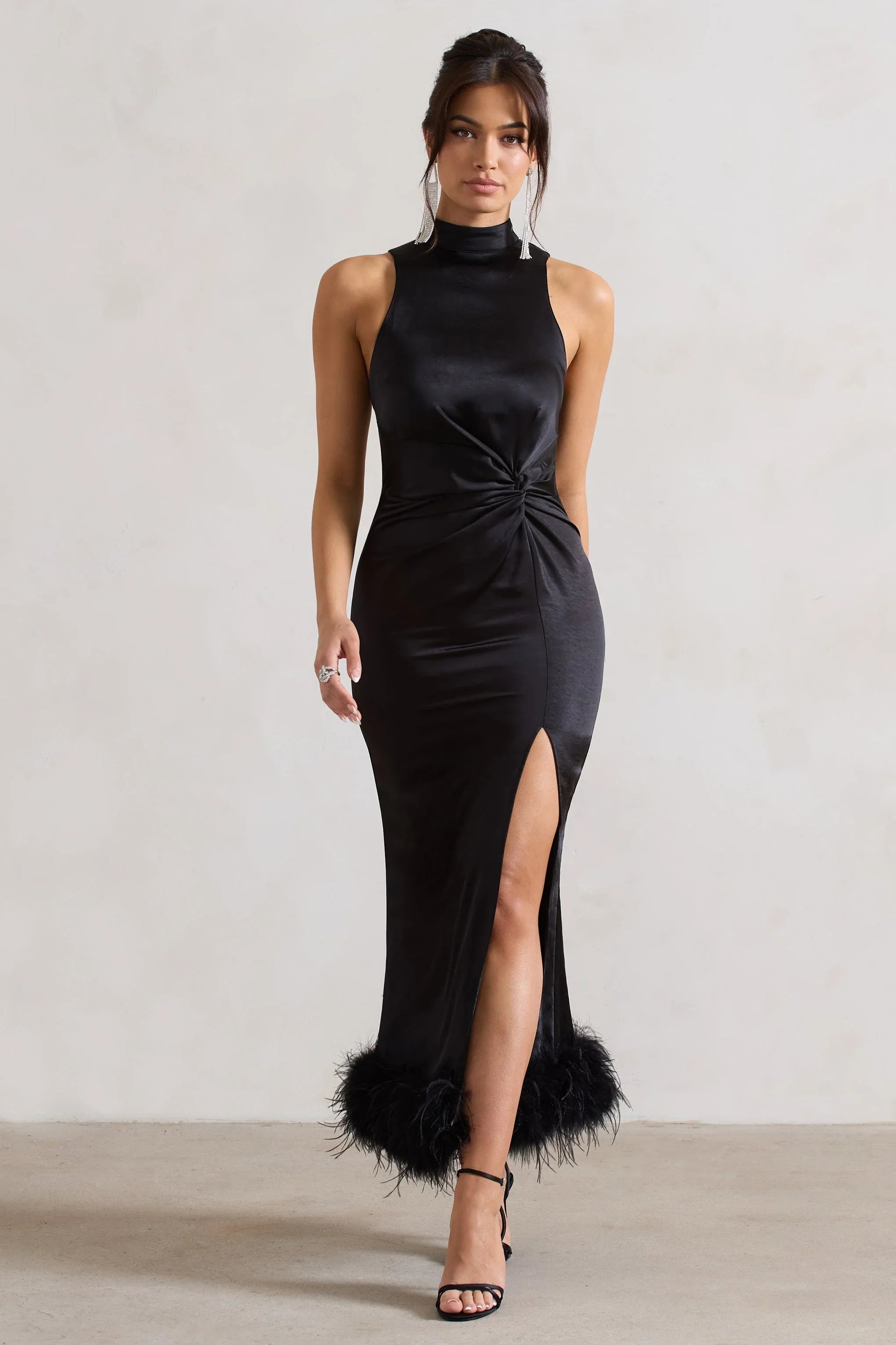 Zoe Black Satin Twist Split Maxi Dress With Feather Trim