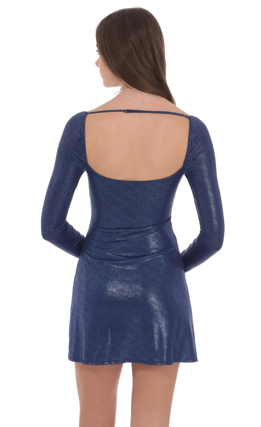 Embellished Foil Long Sleeve Dress in Blue