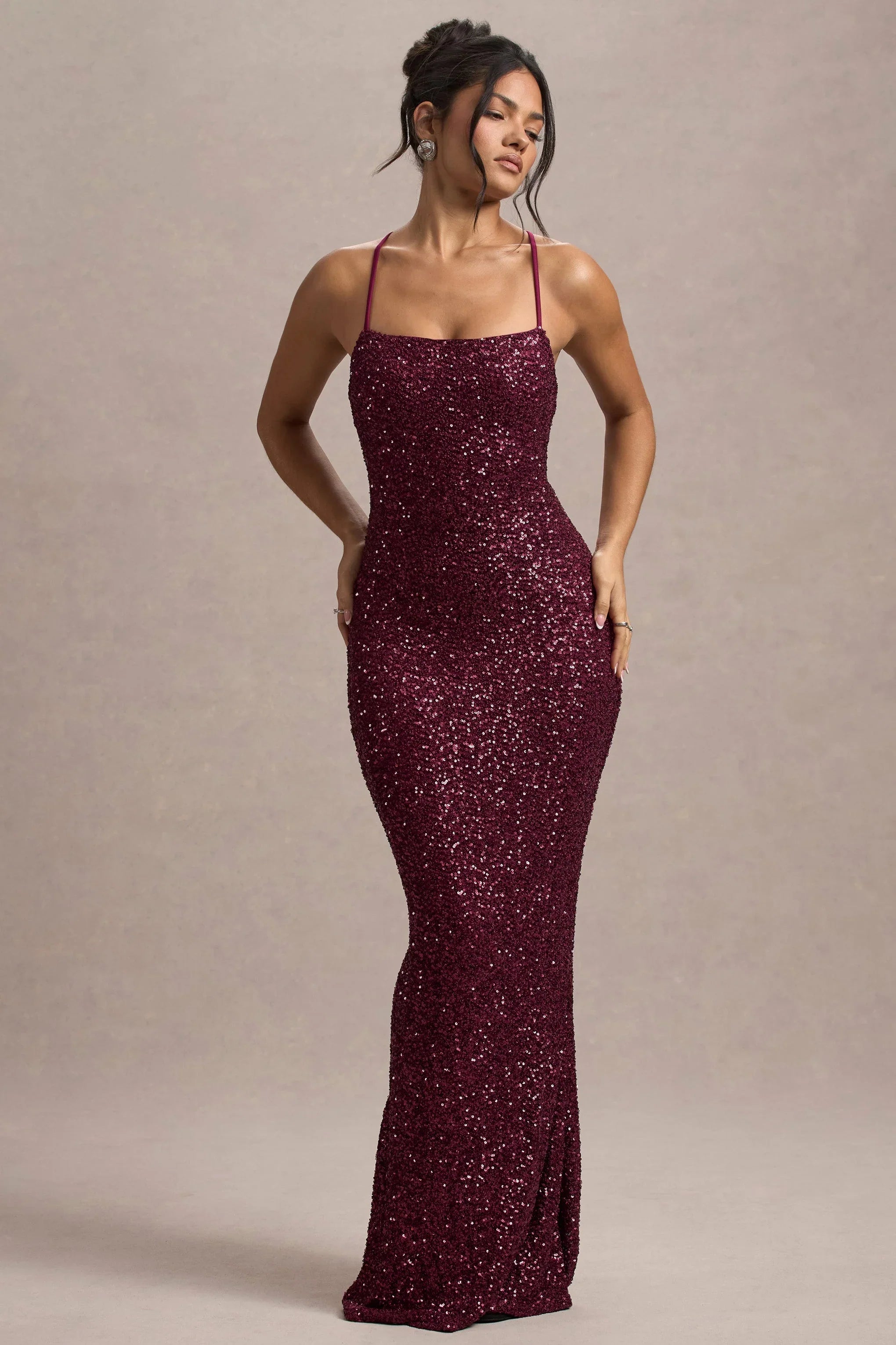 Cosmic Berry Sequin Square Neck Strappy Maxi Dress