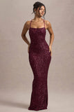 Cosmic Berry Sequin Square Neck Strappy Maxi Dress