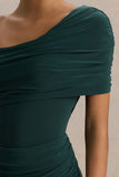 Dynasty Dark Green Asymmetric Neck Maxi Dress With Ruched Detailing And Front High Split