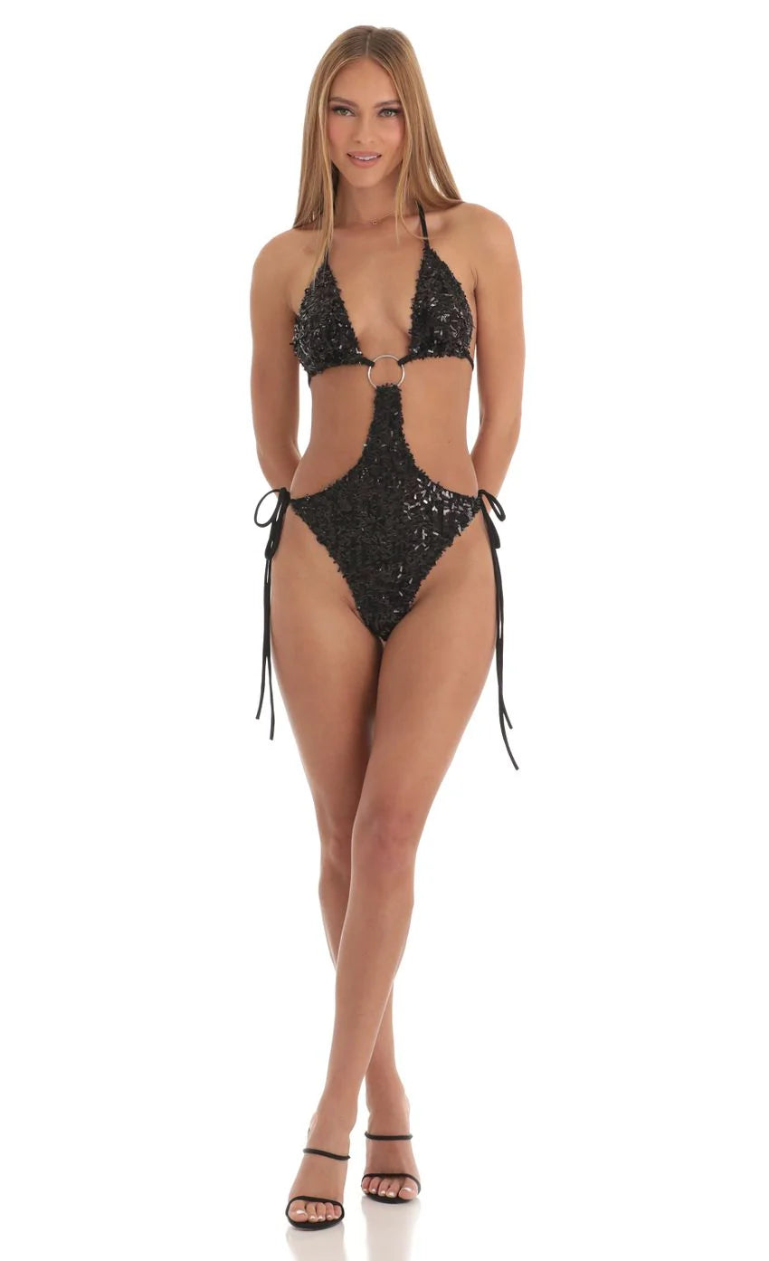 Sequin O Ring Monokini in Black