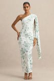 Clementina Green Porcelain Print Asymmetric Cape Sleeve Maxi Dress