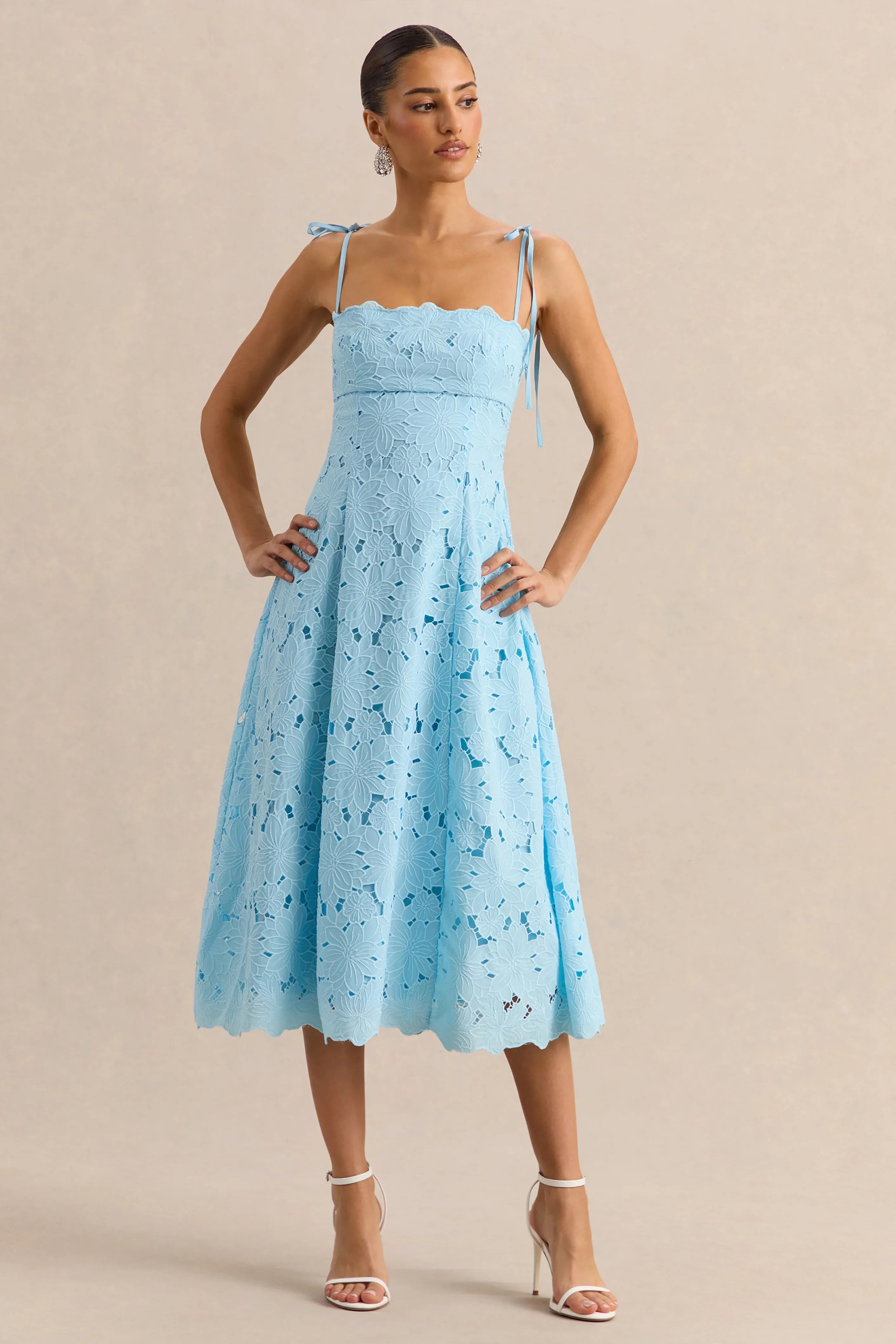 Anna Embroidered Powder Blue Square Neck Midi Dress