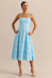 Anna Embroidered Powder Blue Square Neck Midi Dress