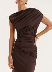 Chocolate Ruched Sleeveless Maxi Dress