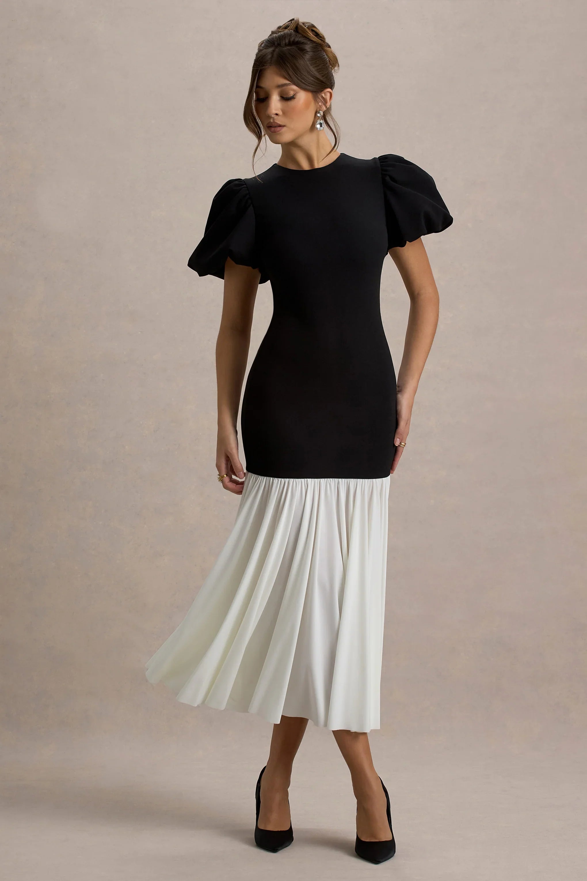 Cinzia Black White Puff Sleeve Volume Hem Midi Dress