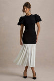 Cinzia Black White Puff Sleeve Volume Hem Midi Dress