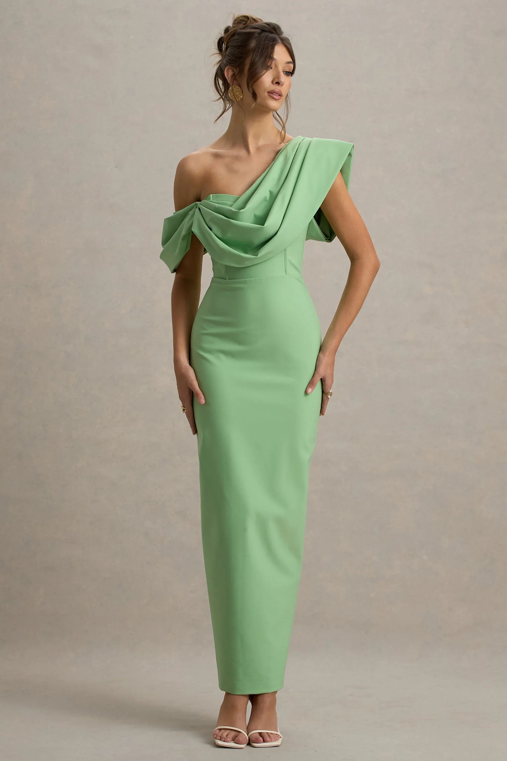 Angelina Green Draped Shoulder Maxi Dress