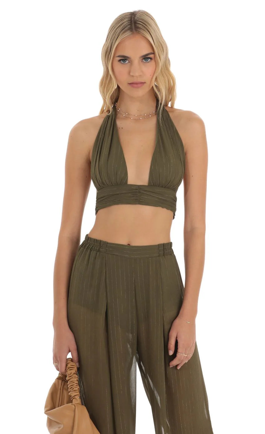 Gold Striped Three Piece Set in Olive Green