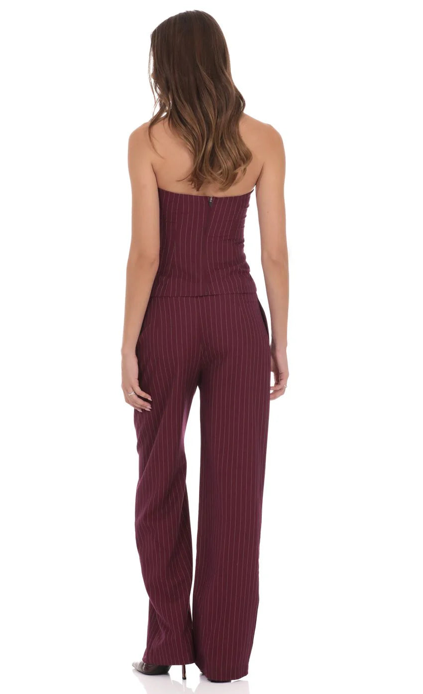 Pinstripe Wide Leg Linen Pants in Burgundy