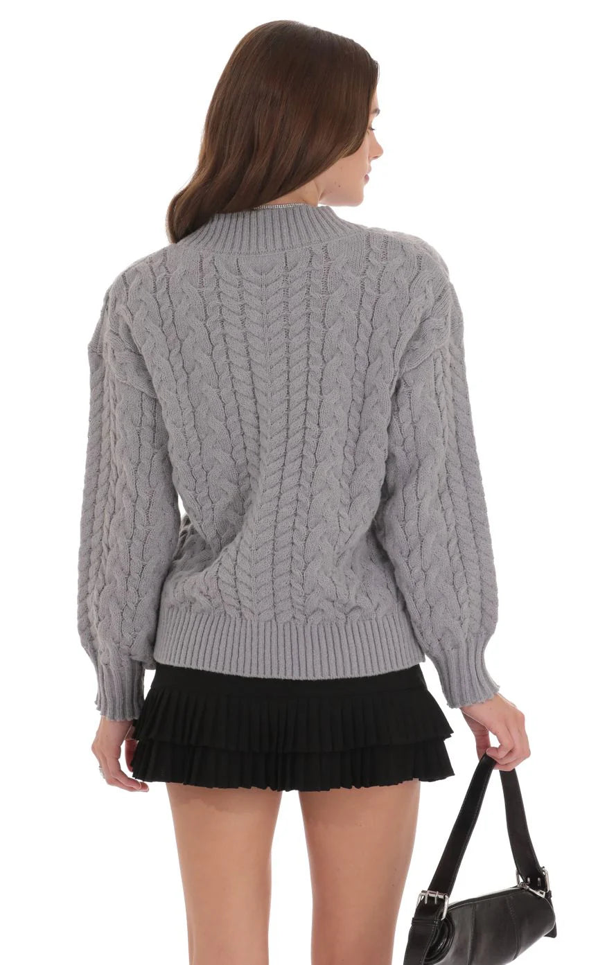 Cable Knit V Neck Jumper in Grey