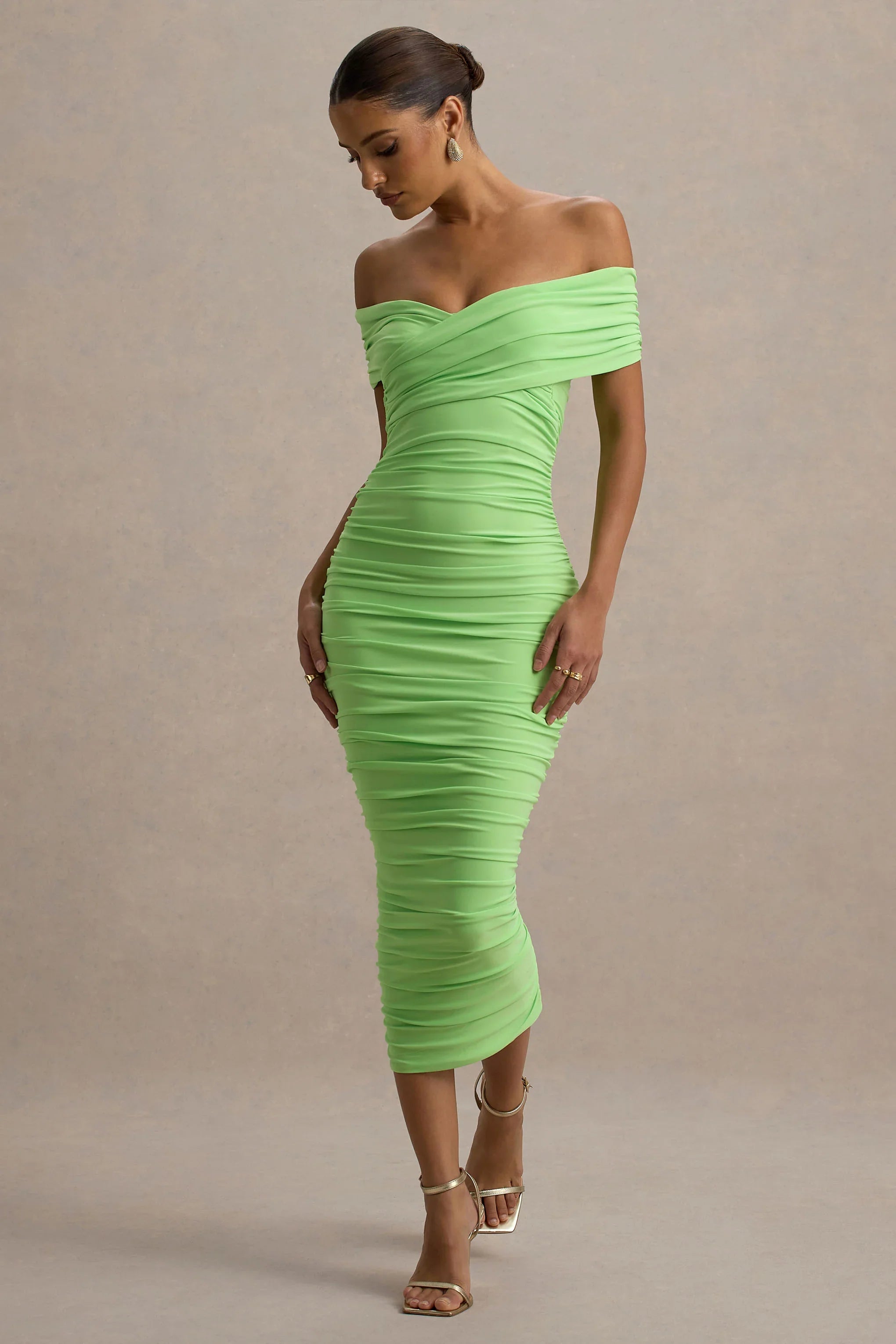 Unwrapped Light Green Ruched Twist Bardot Midi Dress