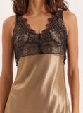 Khaki Satin Lace Trim Maxi Dress