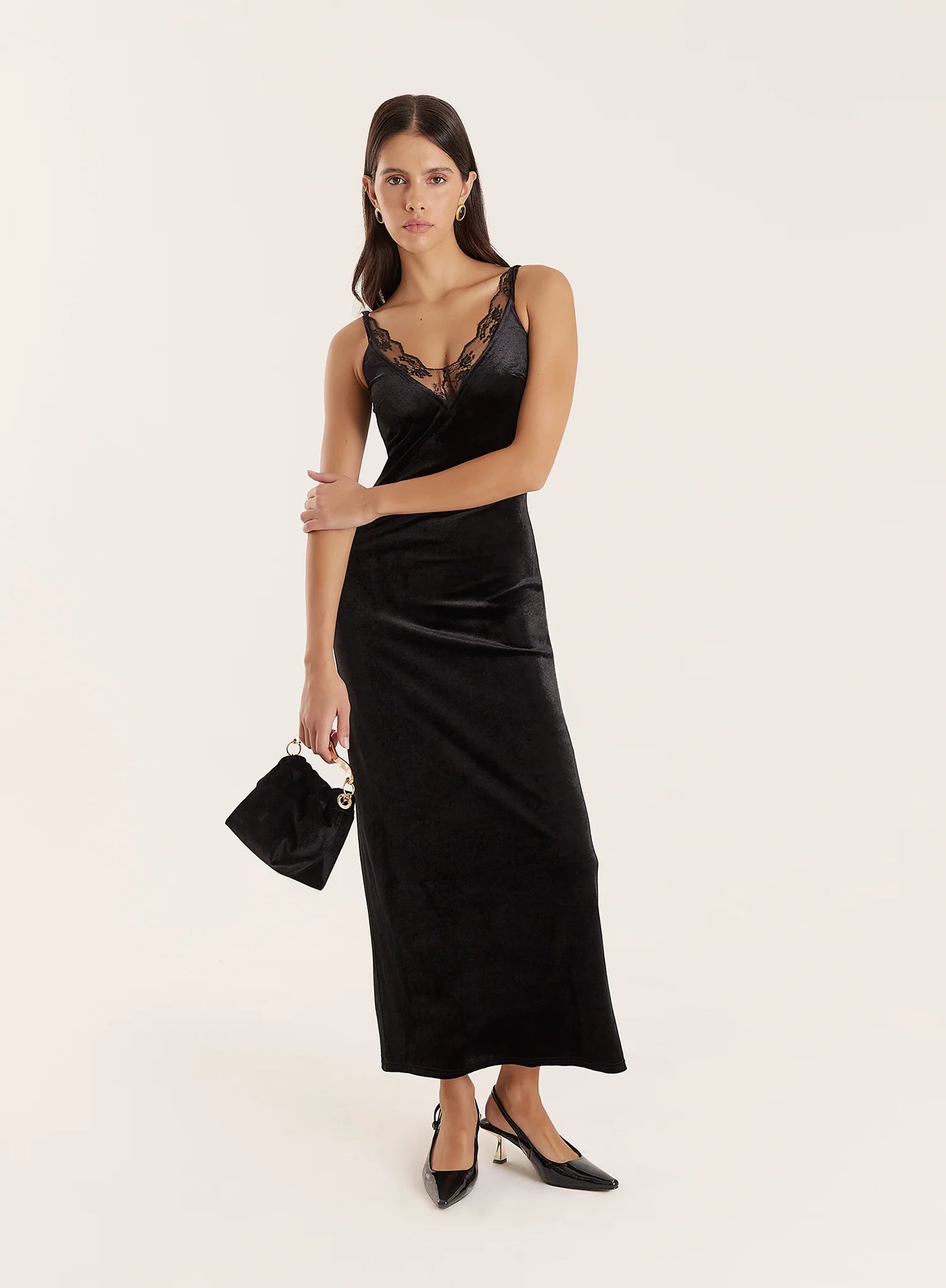 Black Velvet Lace Trim Midaxi Dress