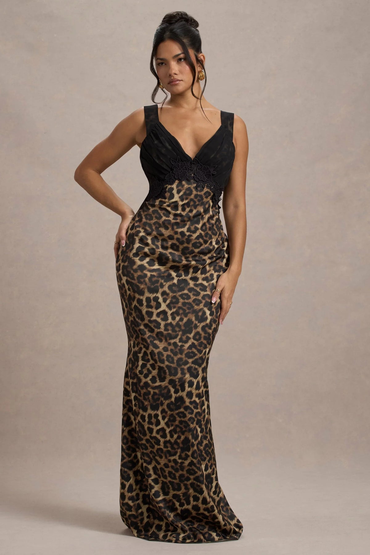 Sahara Leopard Print Satin V Neck Maxi Dress With Black Lace Trim