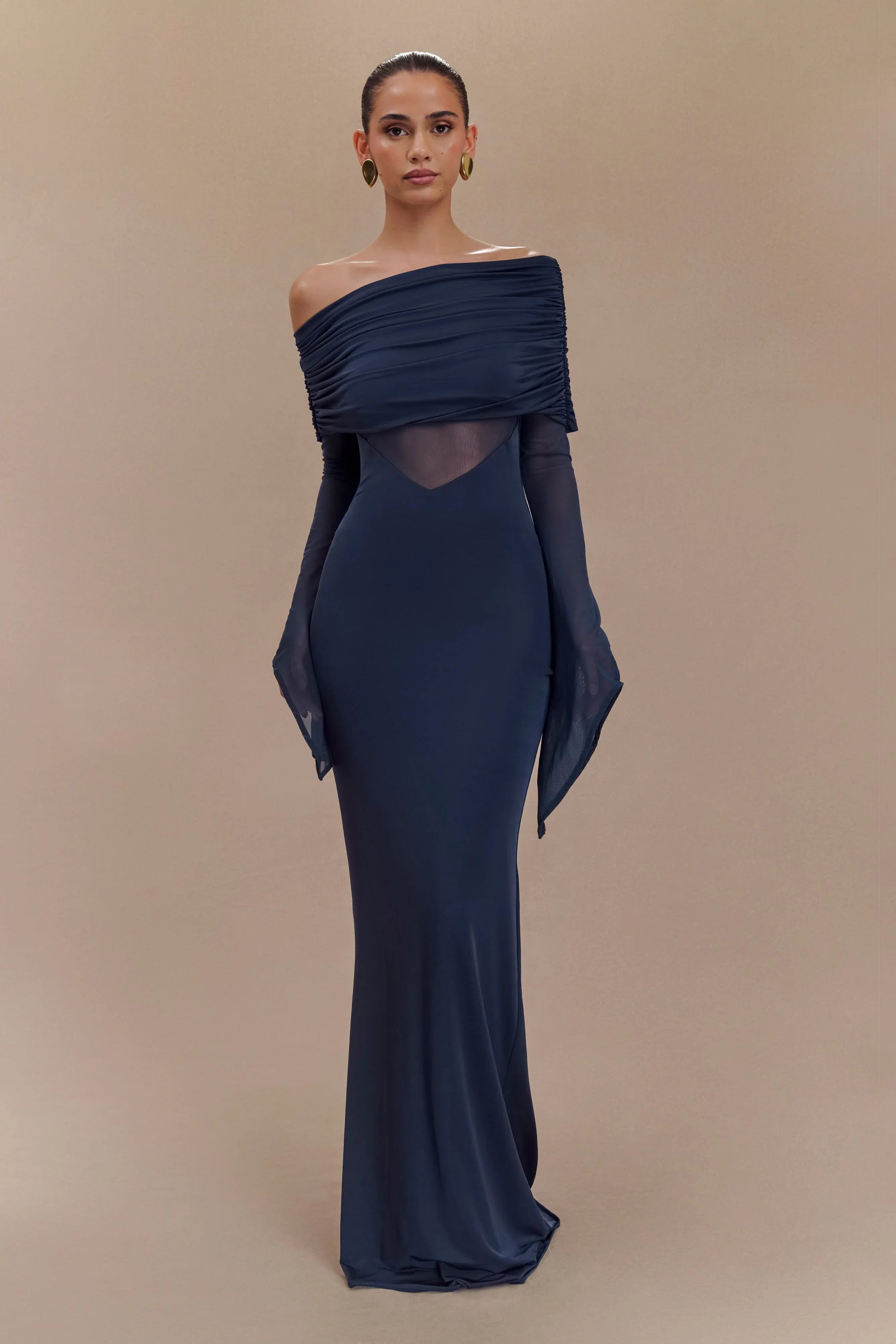Kaitlin One Shoulder Slinky And Mesh Maxi Dress Midnight Blue