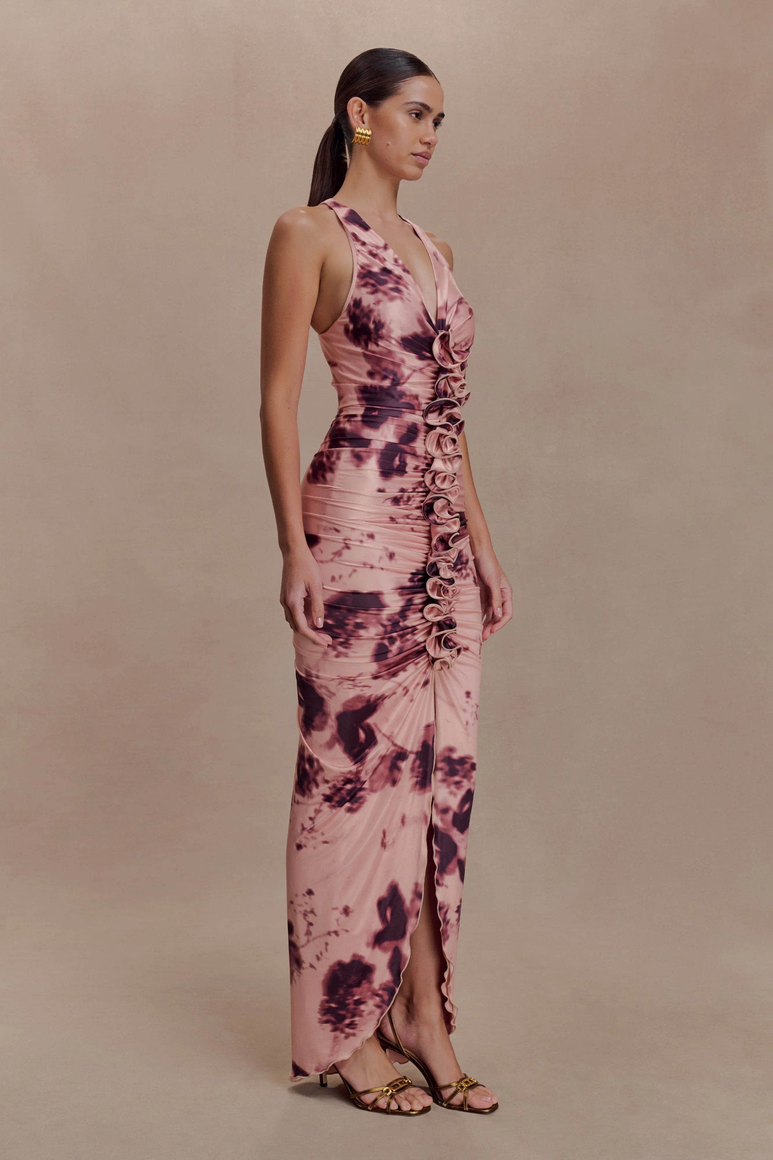 Alessandra Slinky Ruffle Maxi Dress Pink Blurred Floral Print