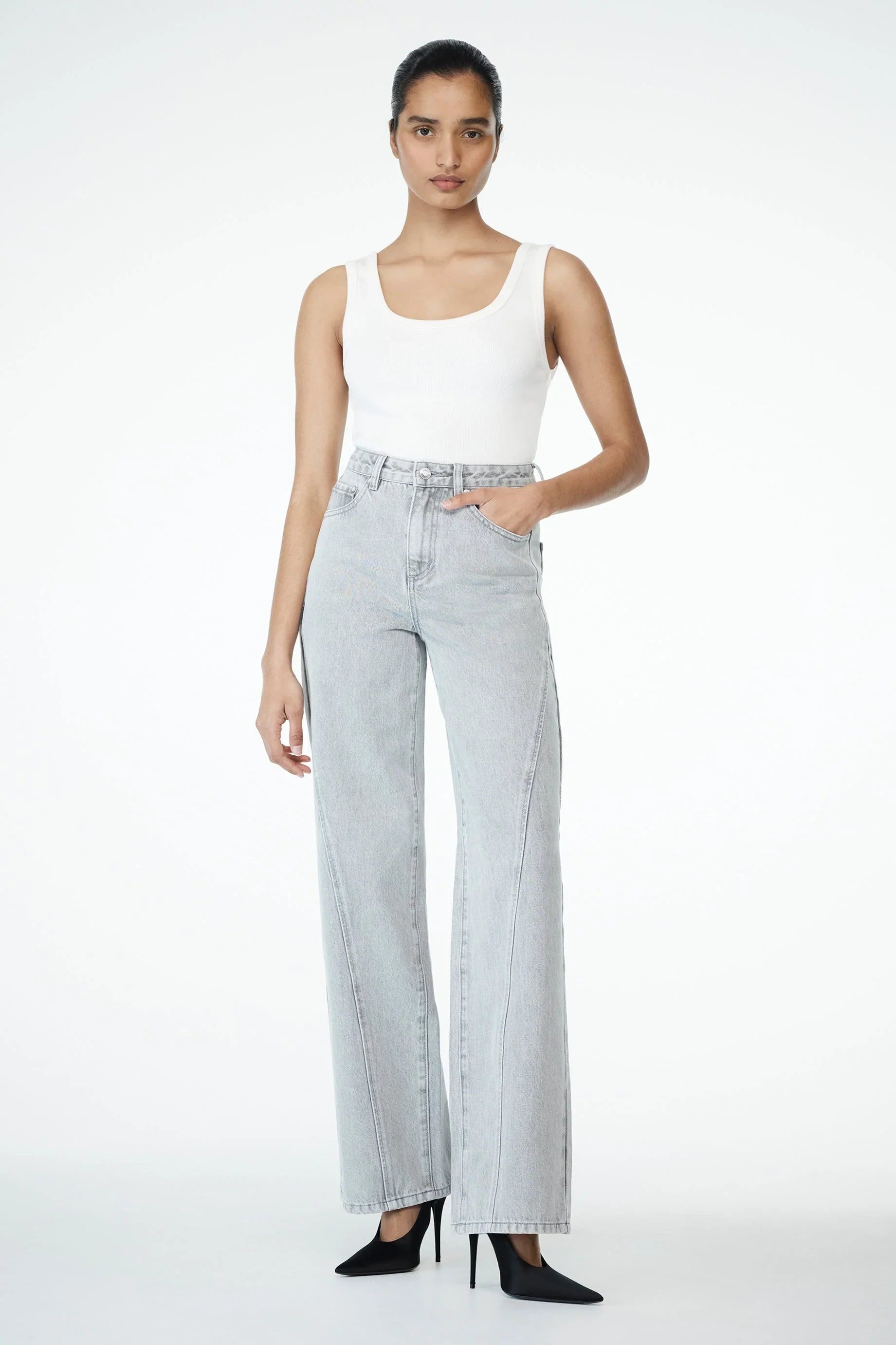 Georgette Mid Rise Paneled Denim Jeans Grey