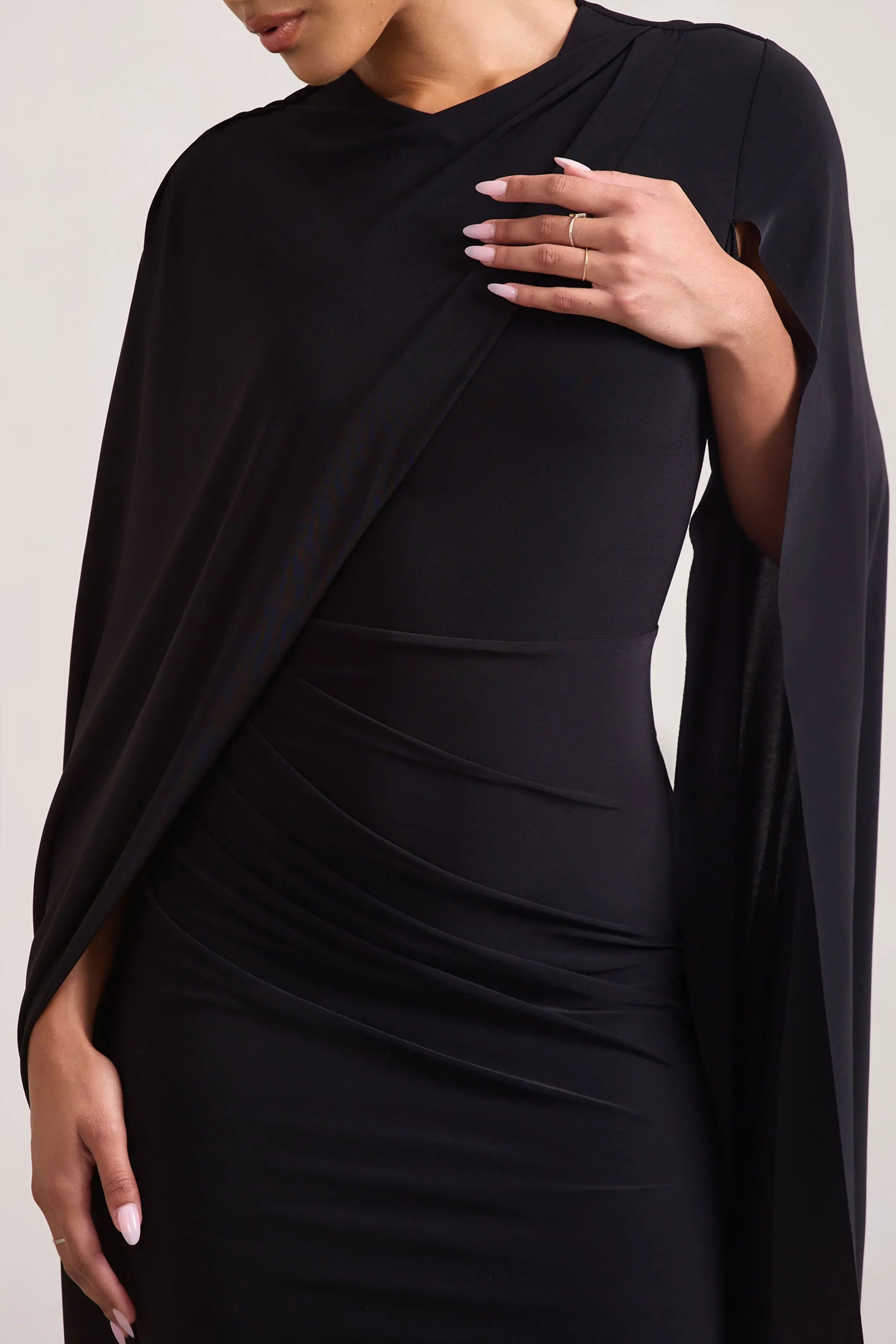 Marysol Black Asymmetric Cape Midi Dress