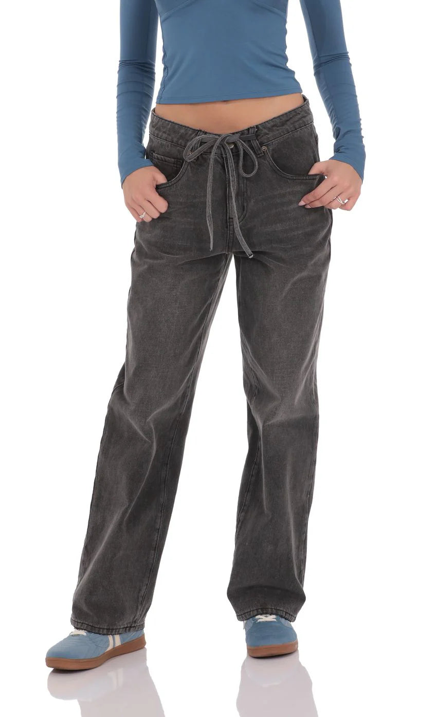 Drawstring Denim Jeans in Faded Black