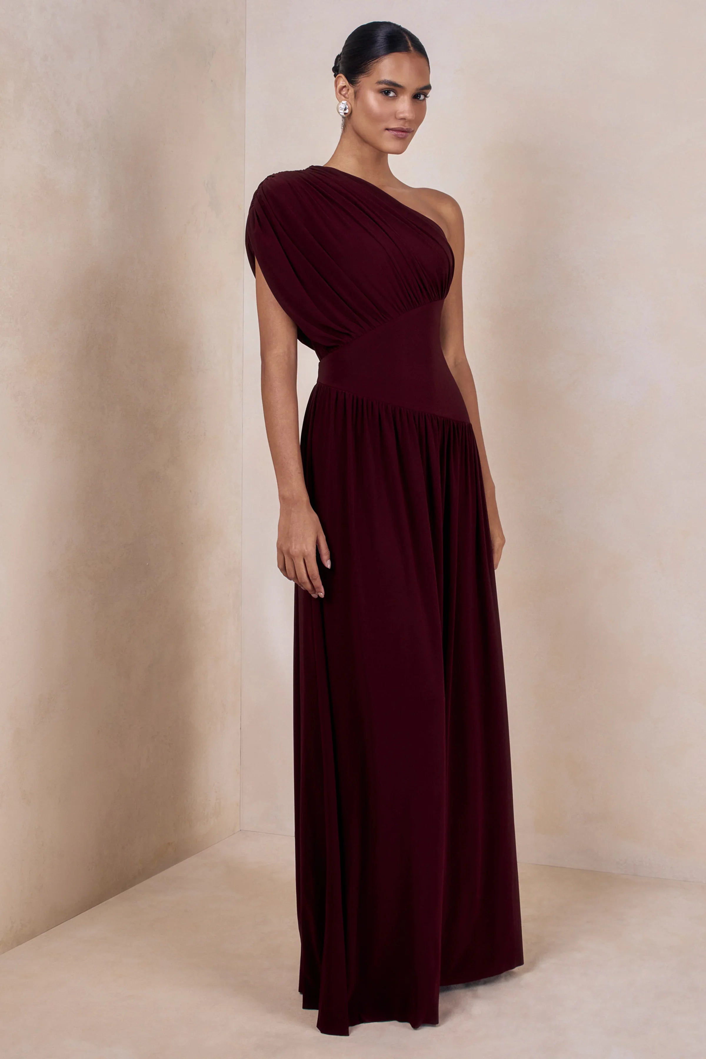 Kelsey Burgundy Asymmetric Neck Maxi Dress With Ruched Detailing