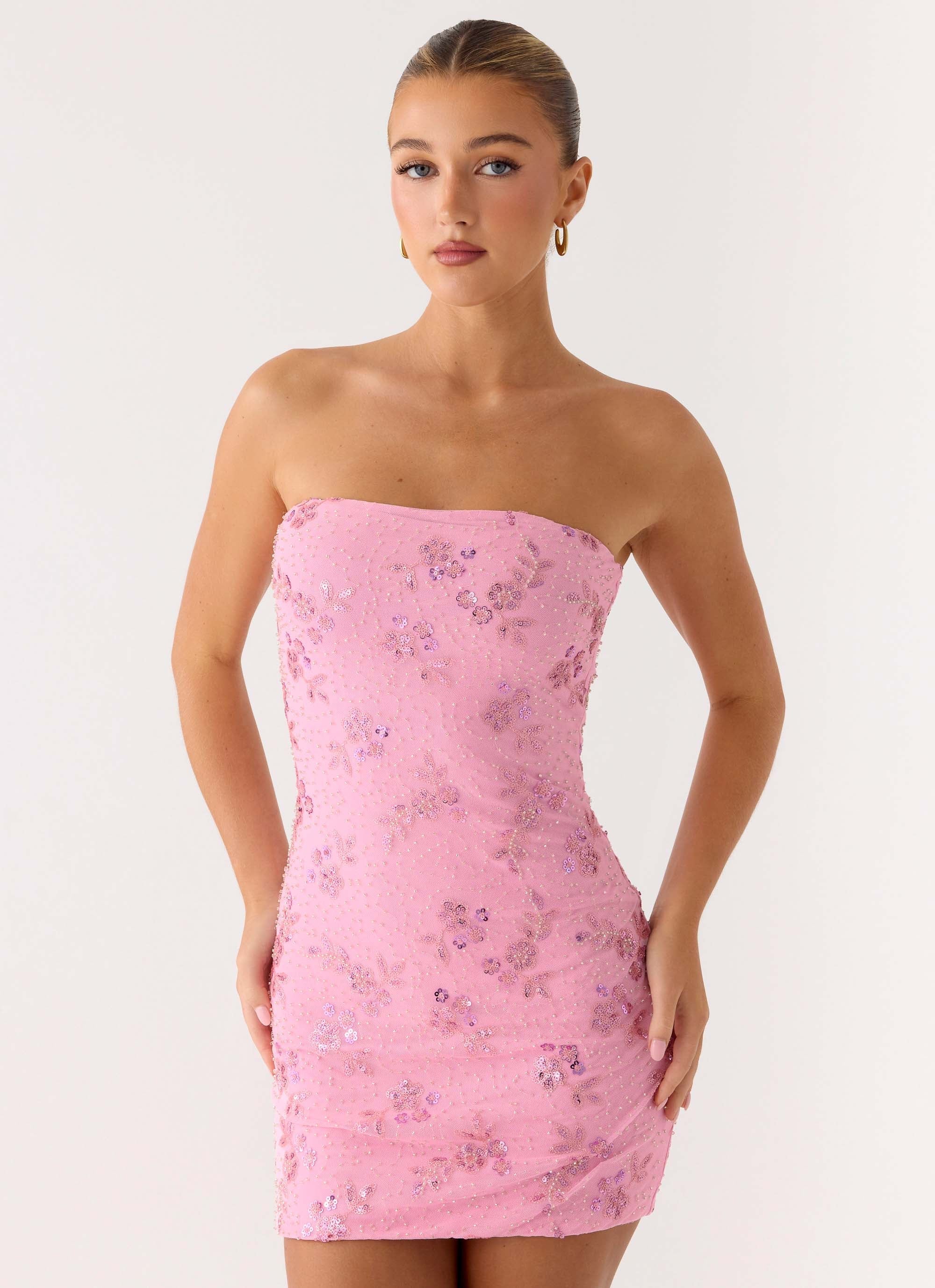 Push Back Beaded Sequin Mini Dress Pink