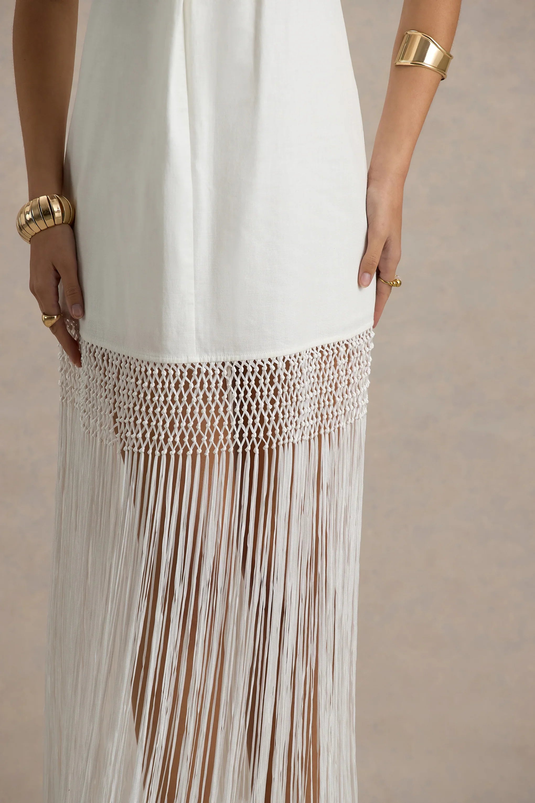 Fiametta Ecru Linen Halter Neck Fringe Maxi Dress