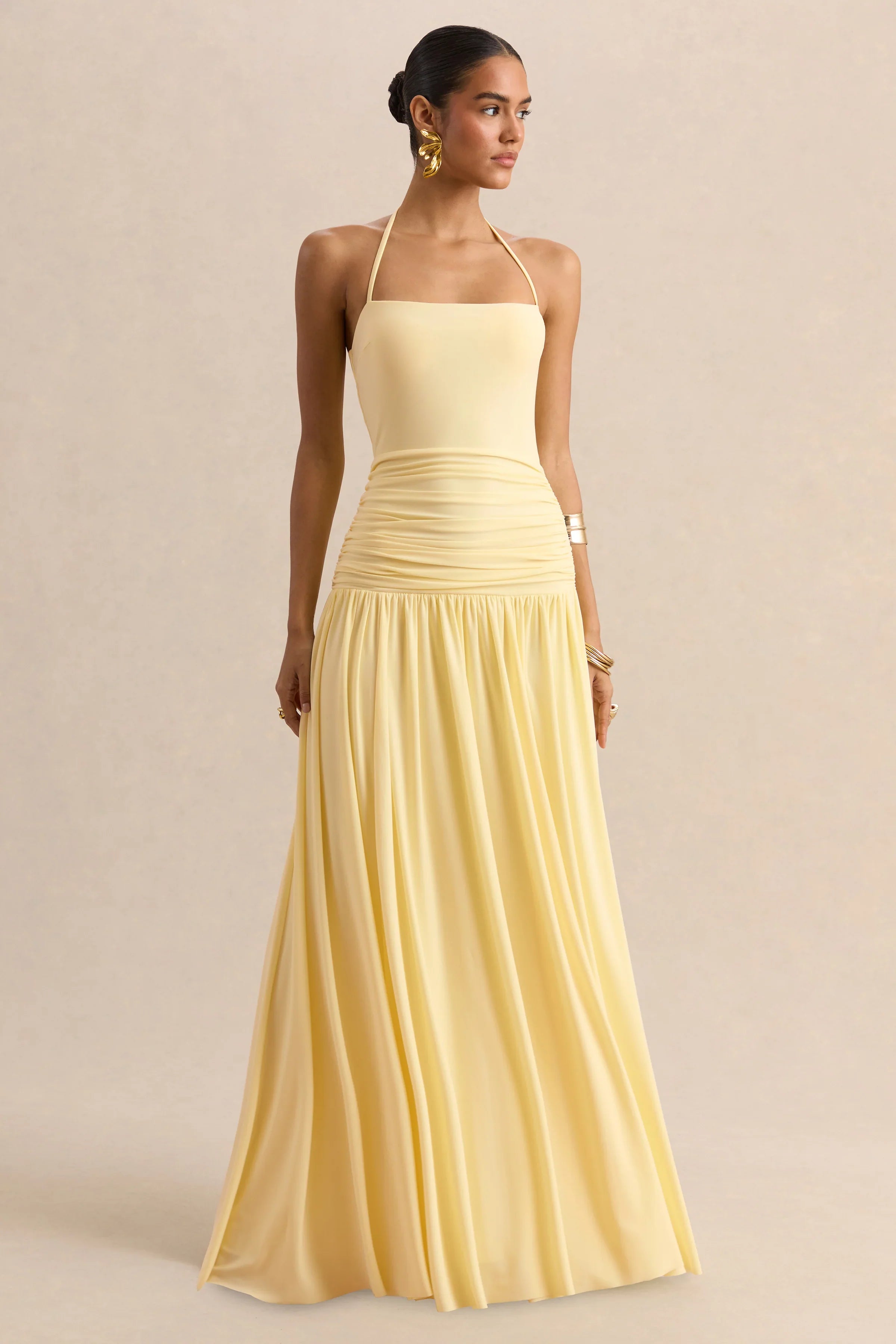 Nicolette Lemon Square Neck Maxi Dress With Ruched Detailing