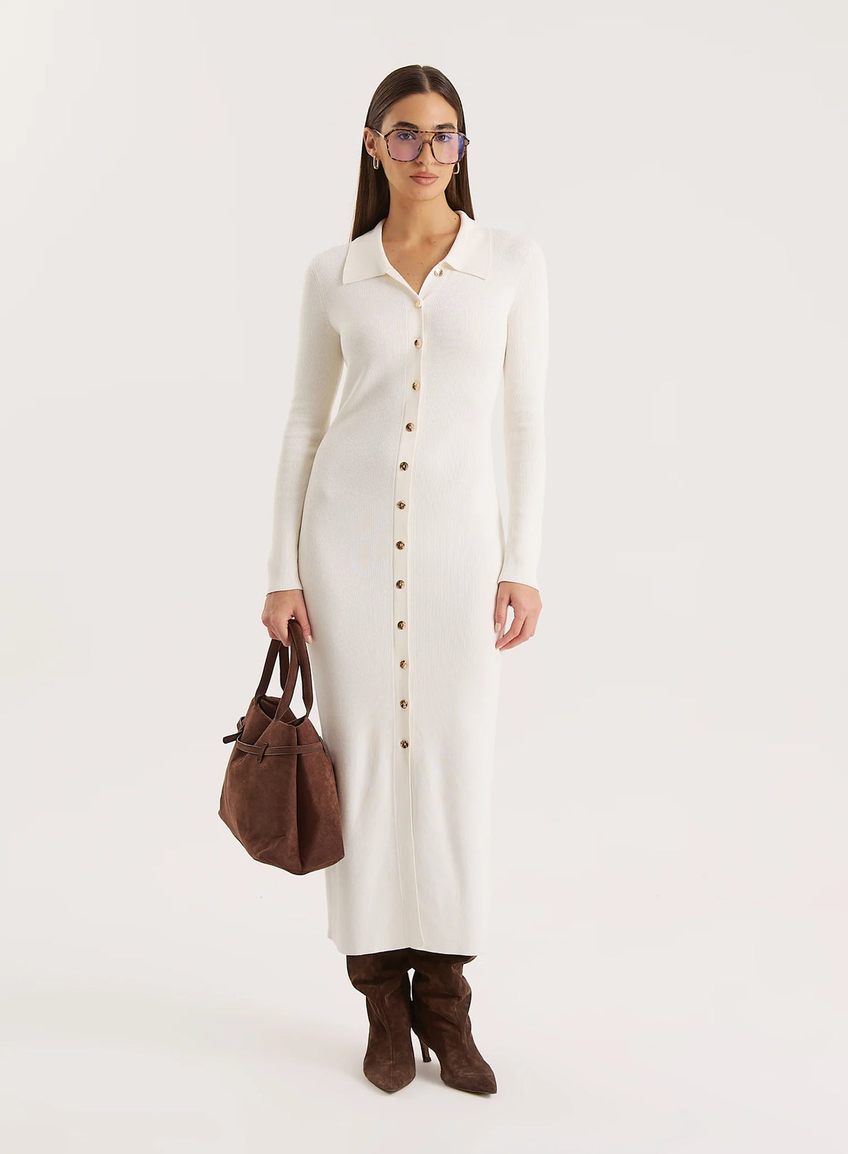 Off White Collared Button Down Knitted Dress