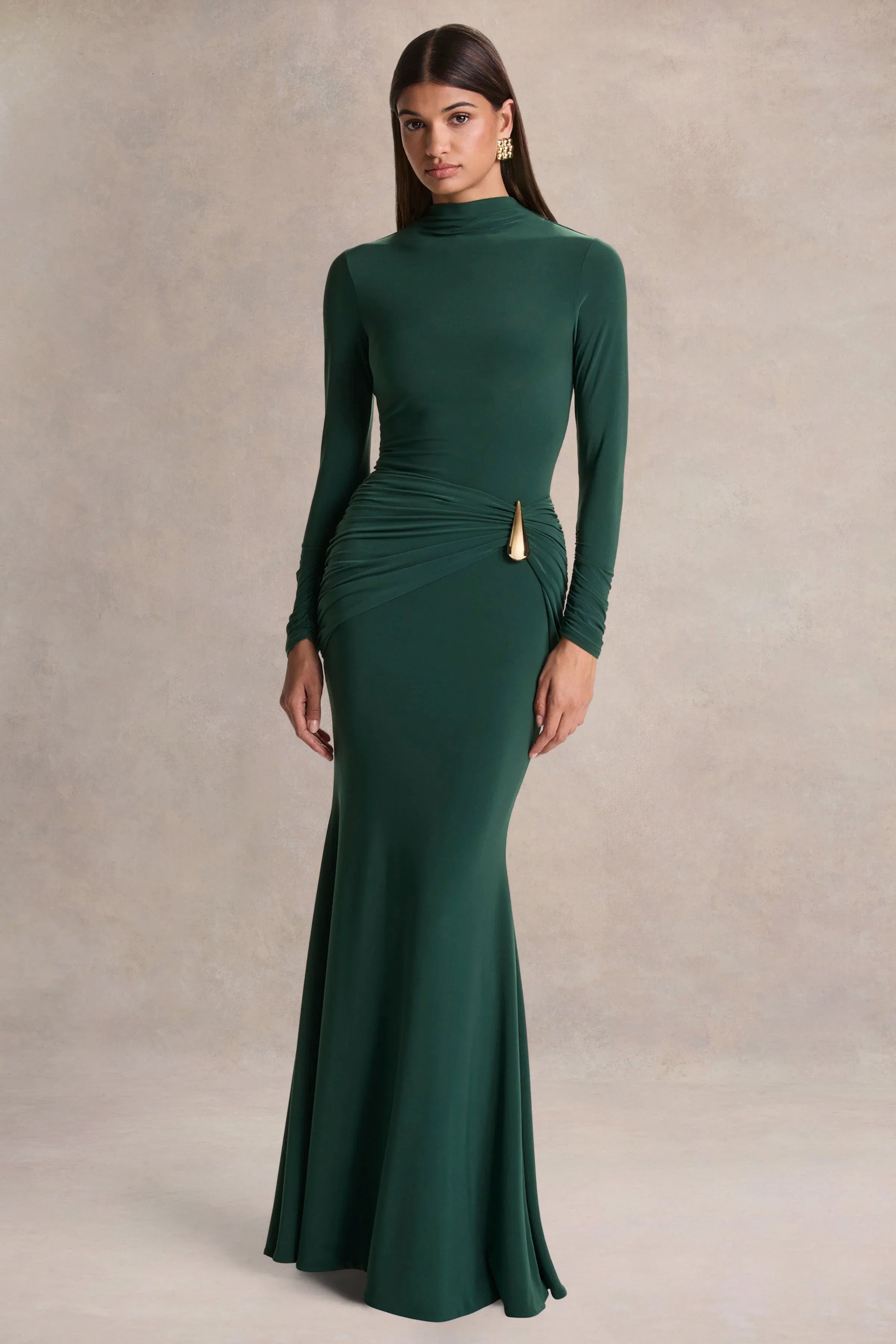 Solarium Dark Green Long Sleeve Maxi Dress With Gold Detail