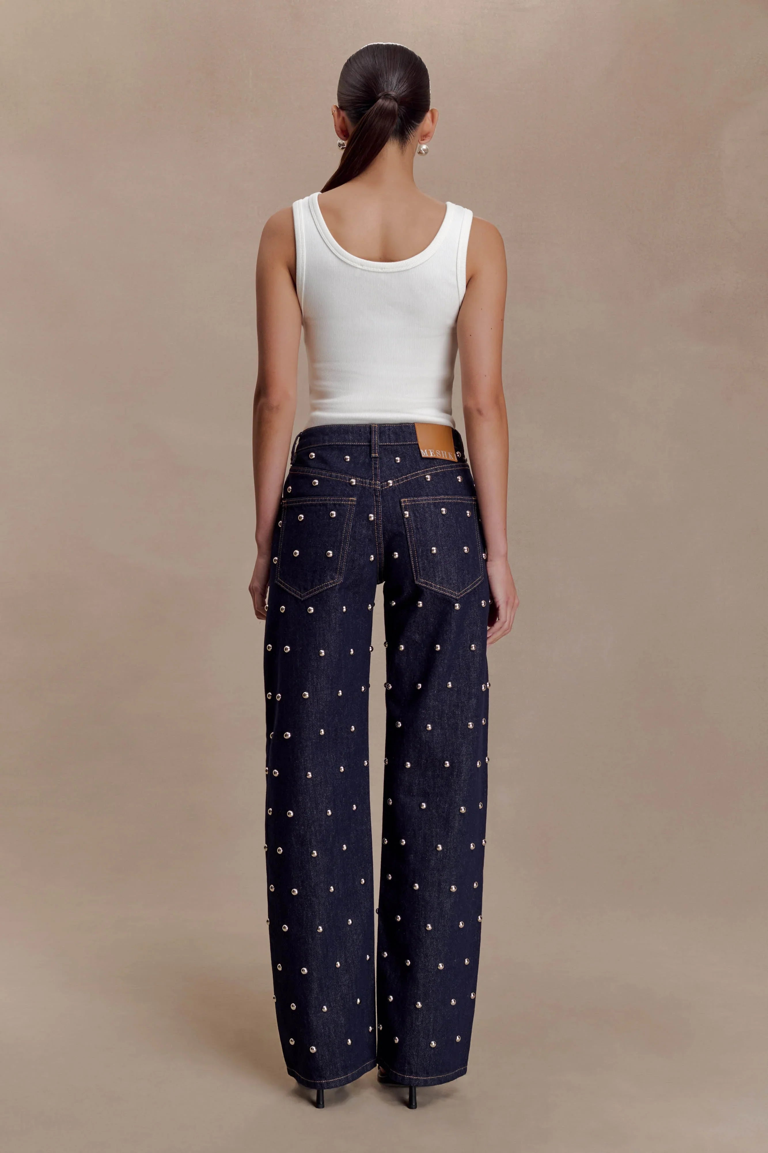 Alima Mid Rise Stud Denim Jeans Washed Indigo Blue