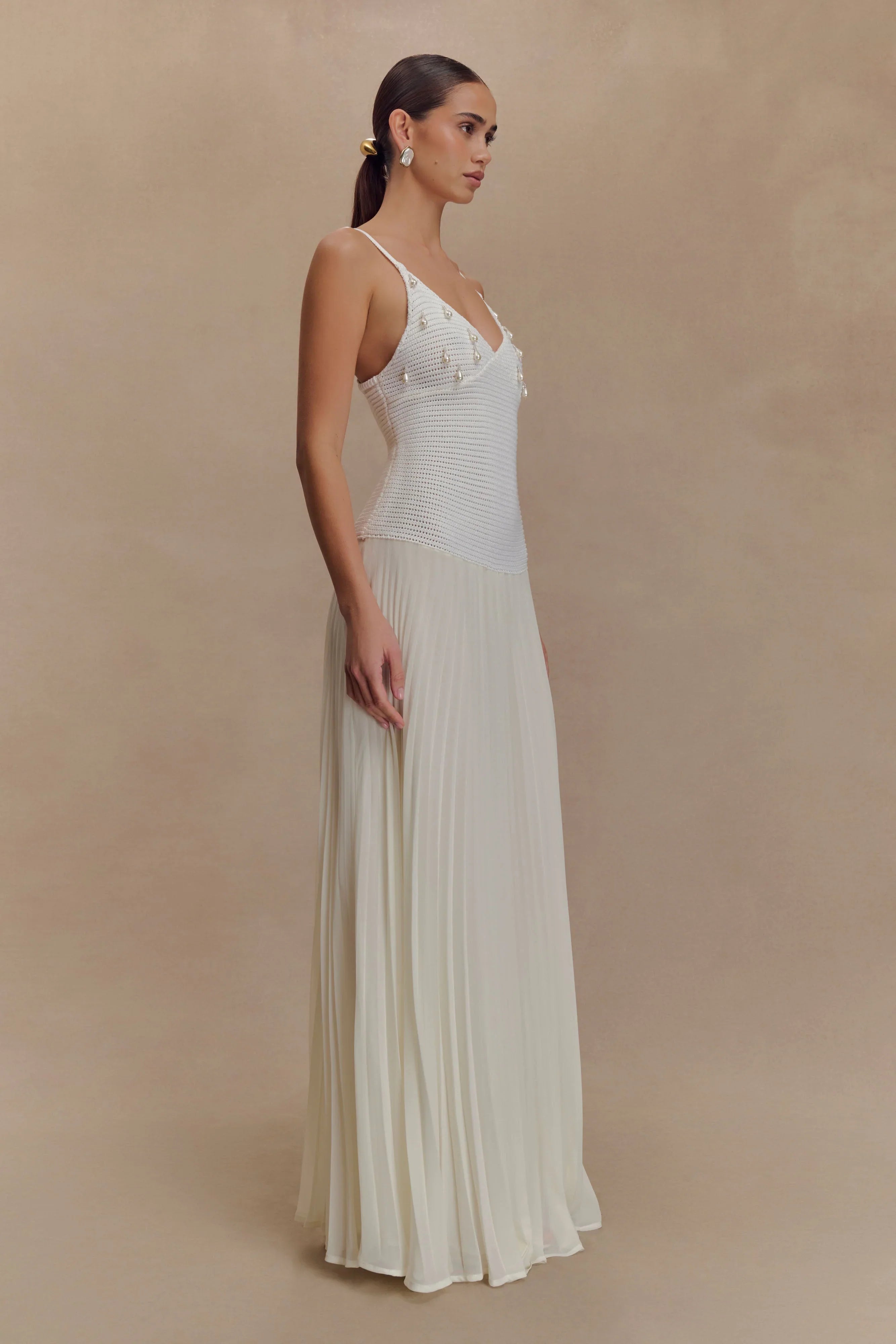 Catherine Crochet Pearl Maxi Dress White