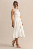 Anabella White Lace Crew Neck Belted Midi Dress