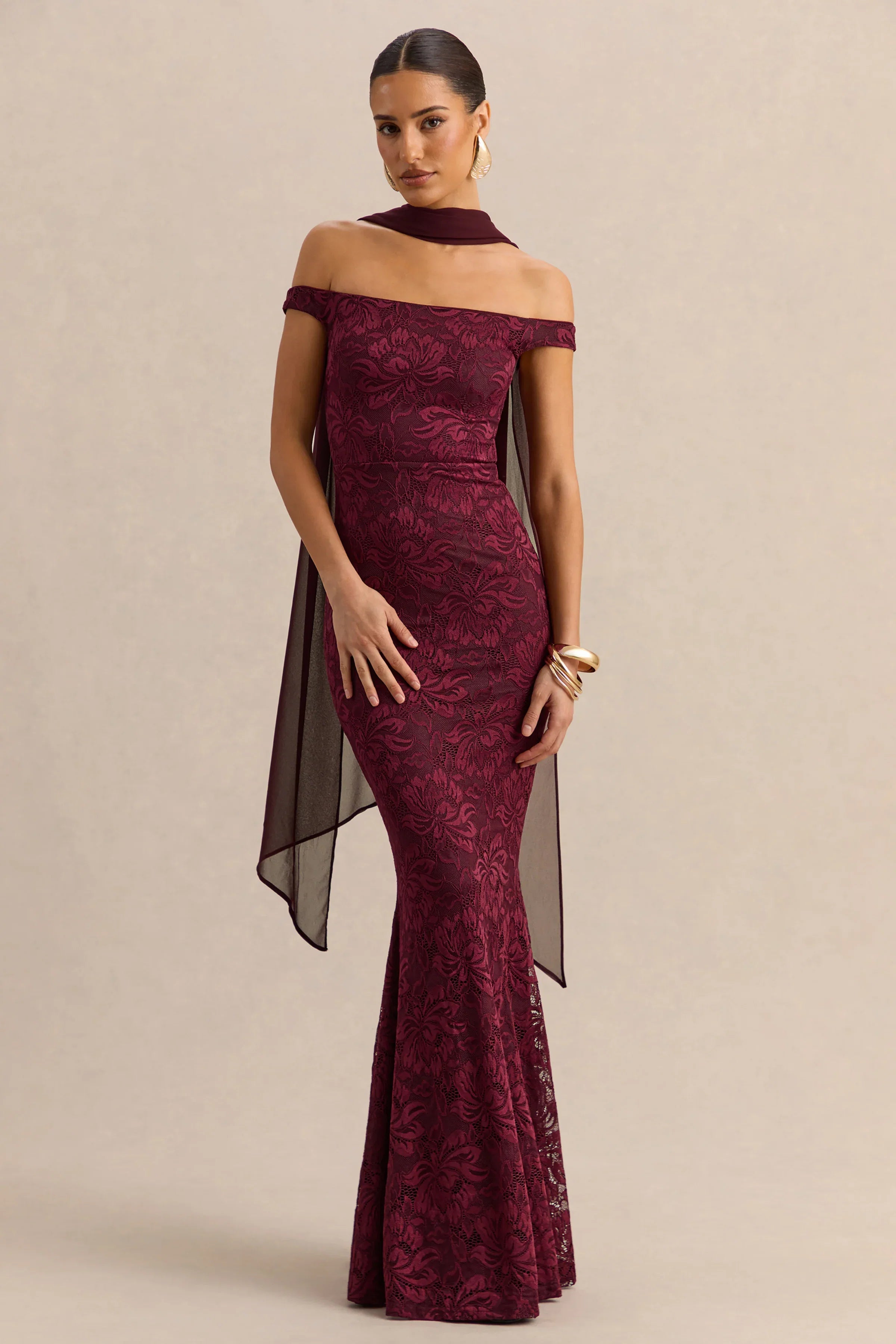 Iselle Burgundy Lace Bardot Neck Maxi Dress With Scarf Detail