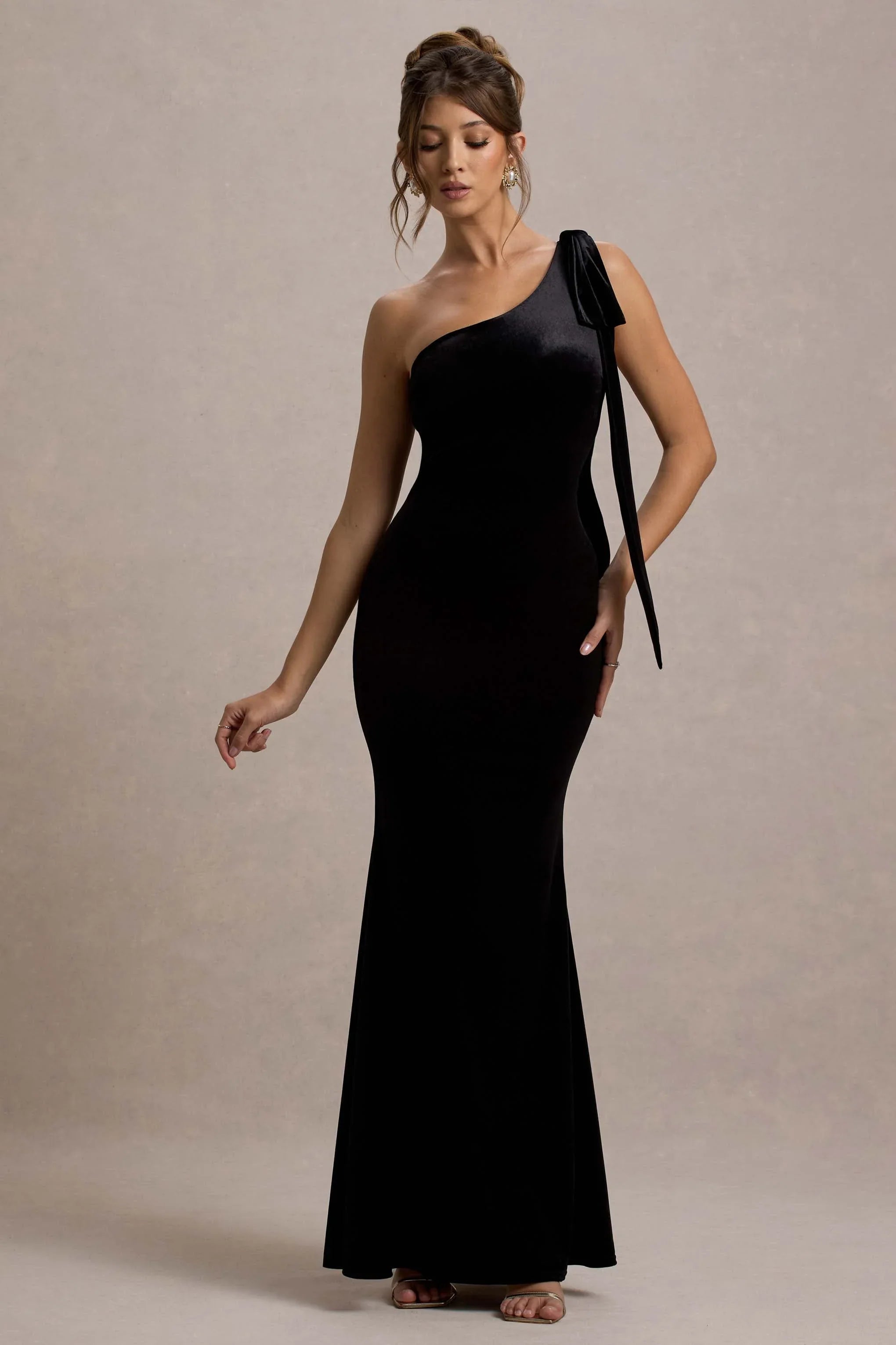 Jillian Black Velvet Asymmetric Maxi Dress With Bow Strap