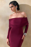 Brisea Burgundy Bardot Neck Maxi Dress