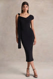 Mirelda Black Asymmetric Neck Midi Dress With Gold Detail