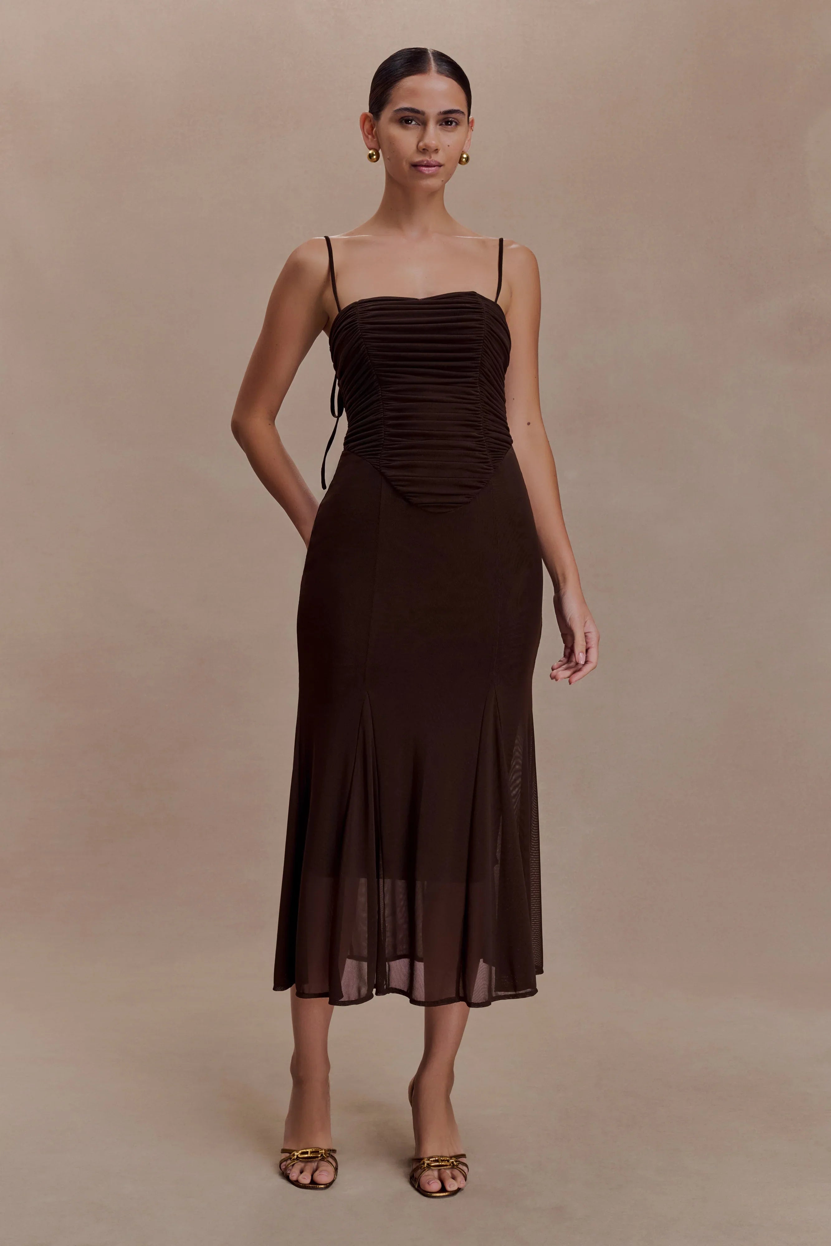 Willa Gathered Mesh Midi Dress Chocolate