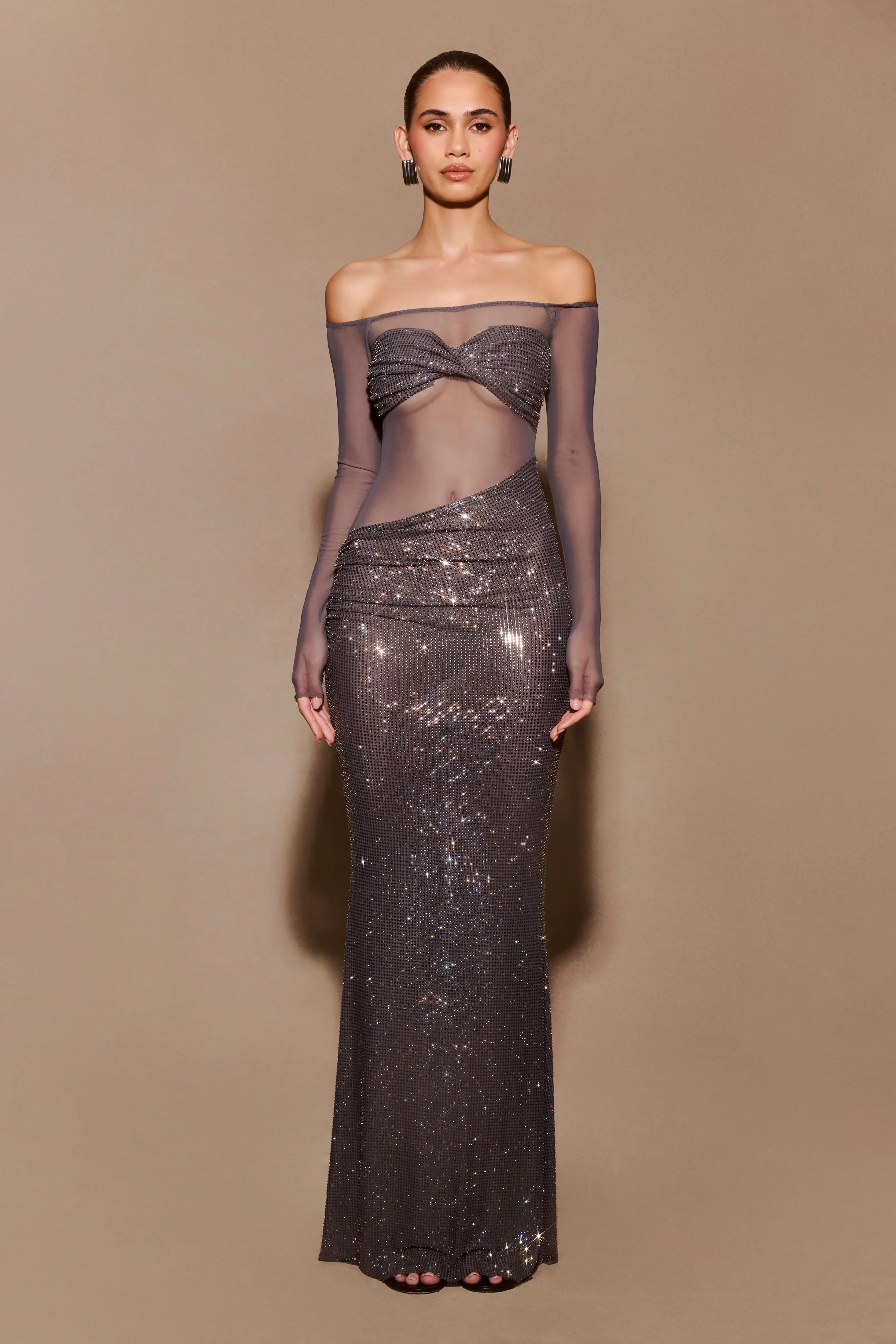 Nash Diamante Off Shoulder Maxi Dress Gunmetal