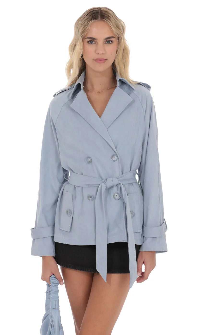 Suede Double Breasted Trench Coat in Sky Blue